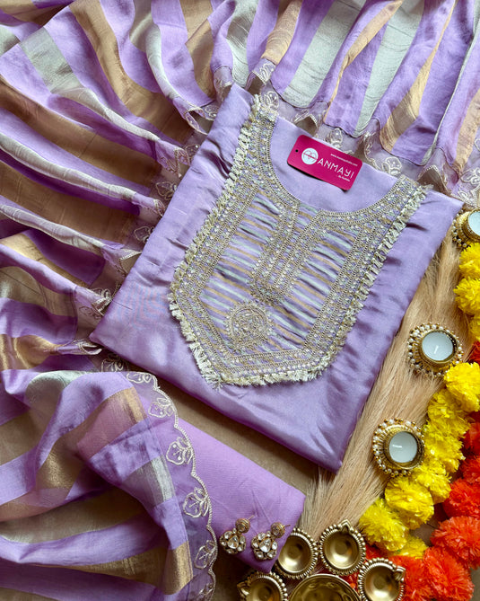 Shimmer silk kurta neck suit set with banarasi dupatta