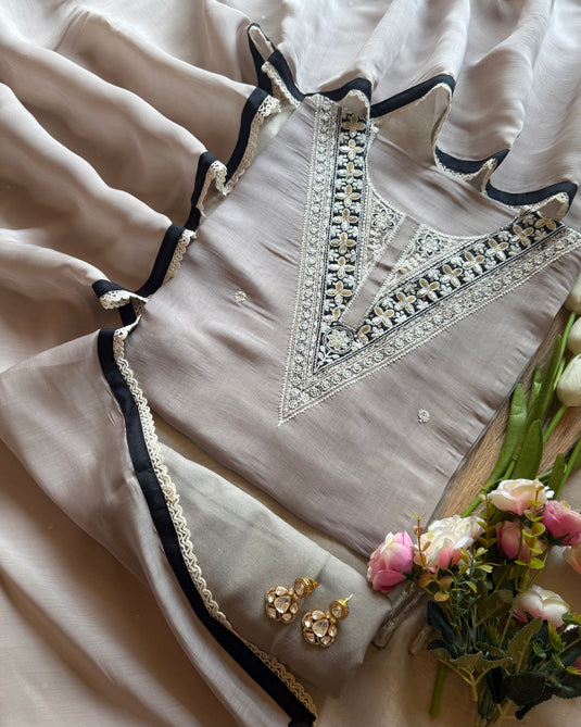 Black patched dori neck soft mul chanderi suit set