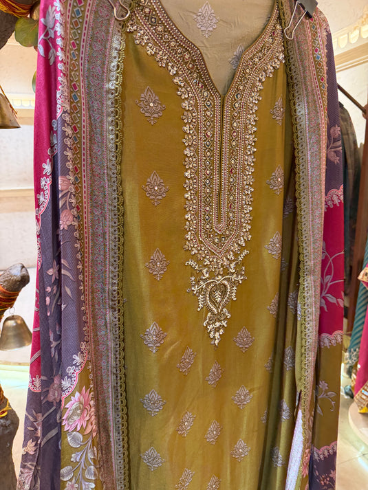 Persian print embroidered neck pure crepe suits