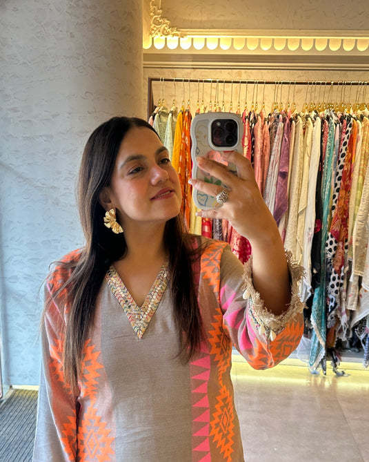 Neon beige cotton silk weaving coord set with boho lace