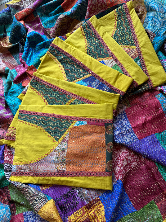 Kantha neck yellow patched cotton suit with Bengal Kantha embroidered dupatta