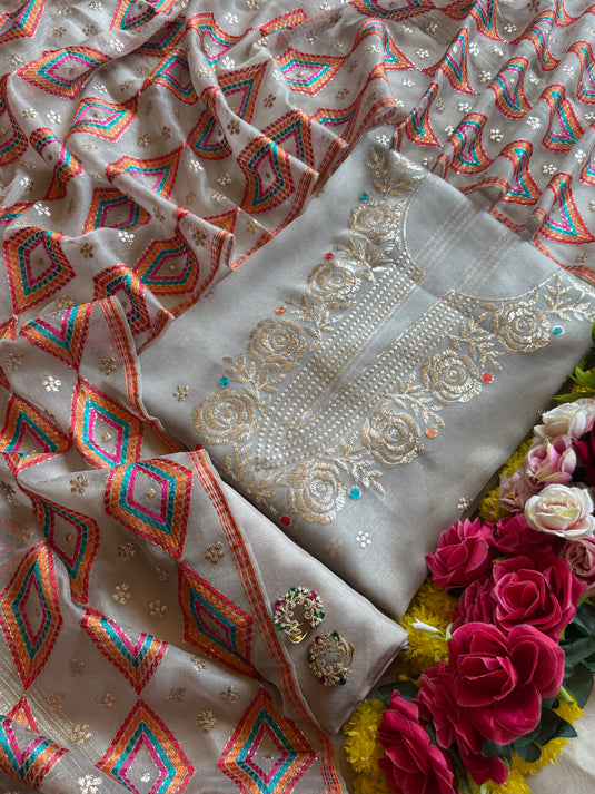 Kamdani work soft organza suit set with Phulkari dupatta