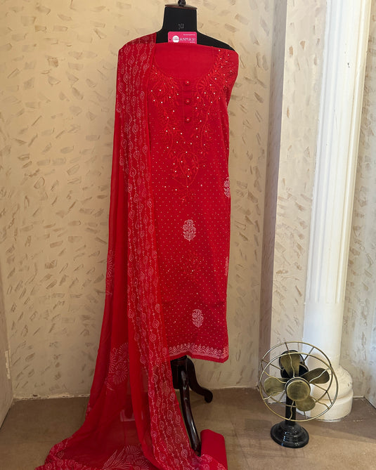 Pure cotton lucknawi neck suit set with pure chiffon dupatta