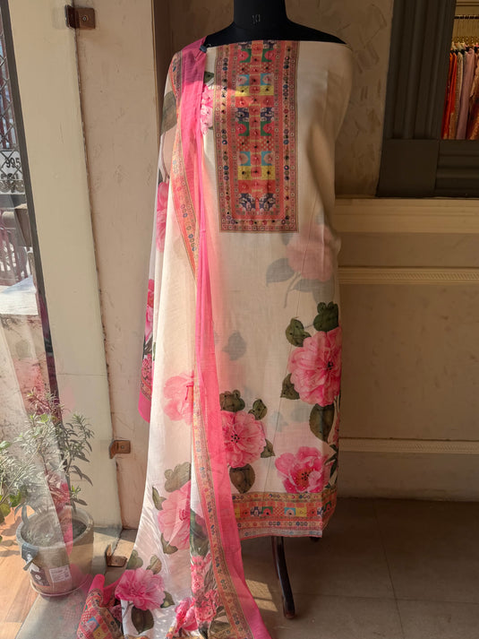 Digital print linen suit set with knot work highlights