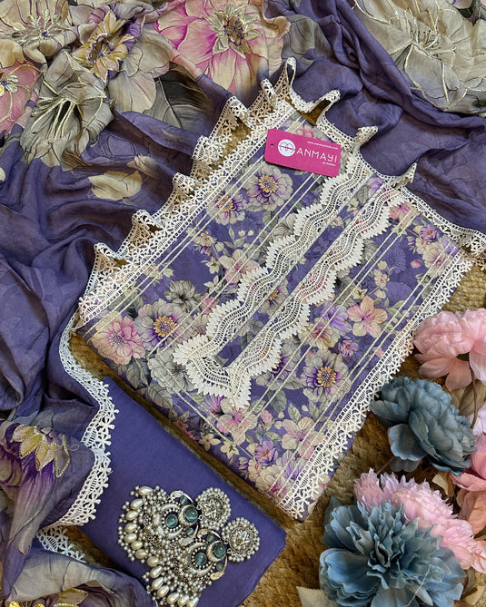 Floral affair muslin cotton patterned suit with pure crepe digital highlighted dupatta