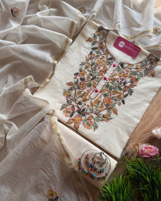 Chanderi cotton handbrushed kantha work suit set