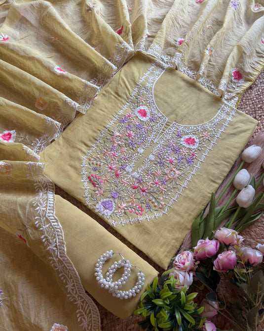 Parsi work soft pastel mul chanderi suit set