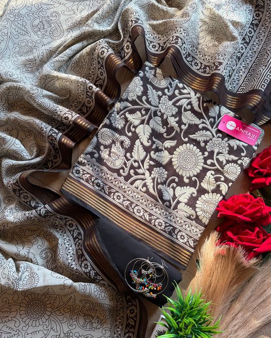 Kalamkari black combination cotton Maheshwari suit set