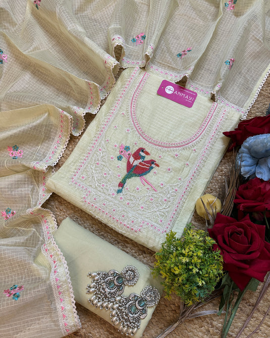 Kota Doria pearl parrot pastel suits with Dori work