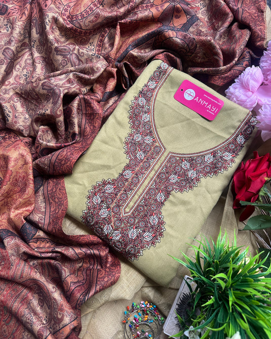 Kashmiri work woollen suits with printed shawls