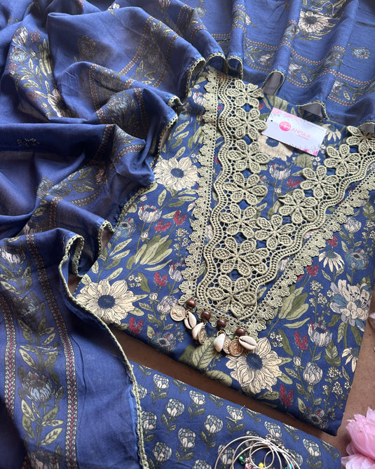 Crochet work pure cotton floral suit set with cotton dupattas