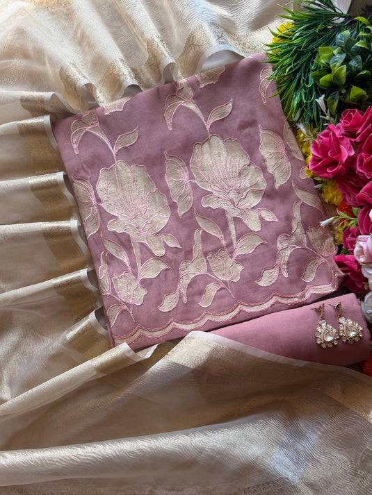 Patched gold Mul Chanderi suit set with tissue dupatta