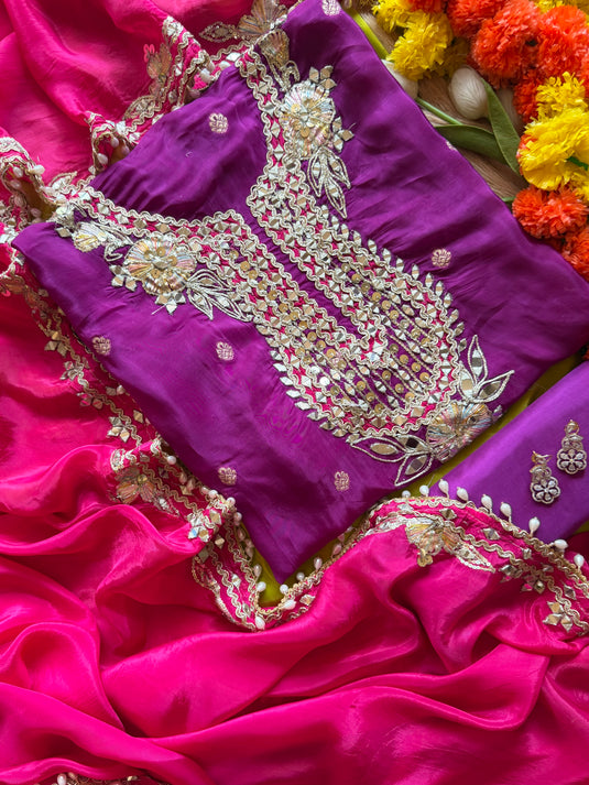 Combination Banarasi upada silk mirror gotta neck suit set with tassel work