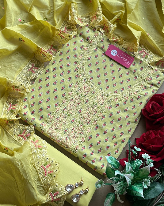 Printed cambric cotton lime Cutwork embroidered dupatta suit set