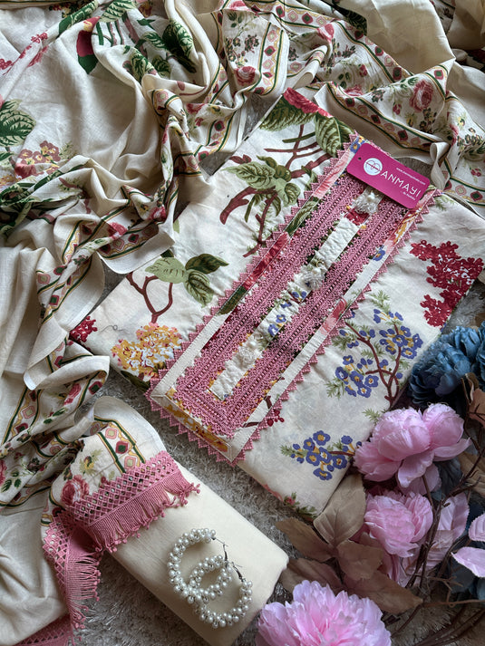 Printed floral flowy cotton suit with fringe laces detail