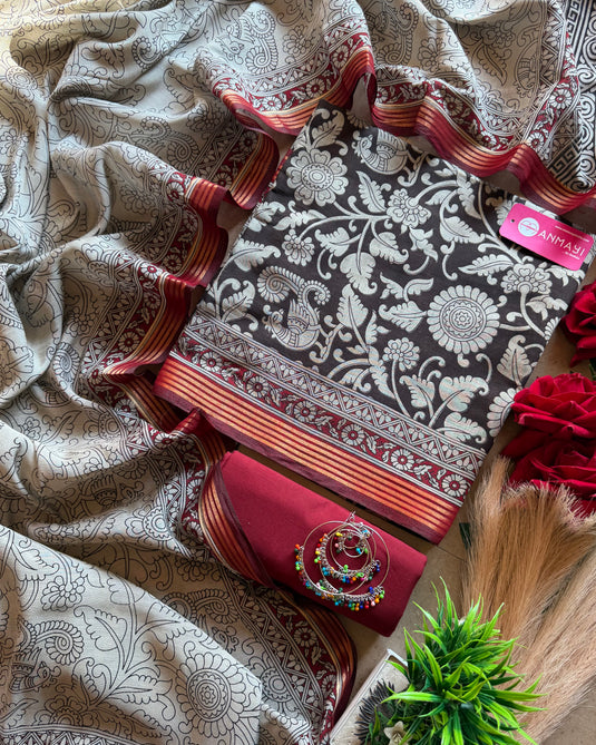 Kalamkari black combination cotton Maheshwari suit set