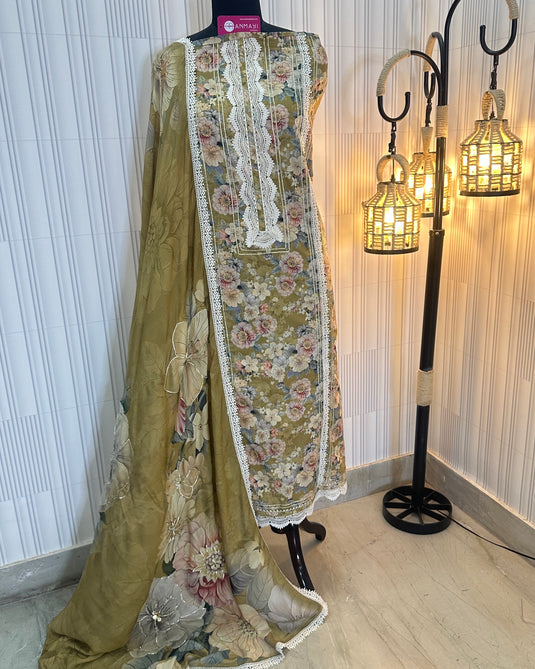 Floral affair muslin cotton patterned suit with pure crepe digital highlighted dupatta