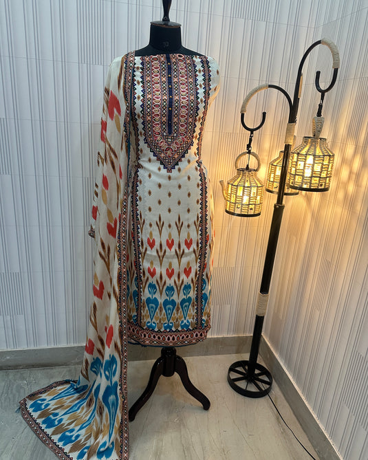 Ikkat print embroidered neck muslin cotton suit sets