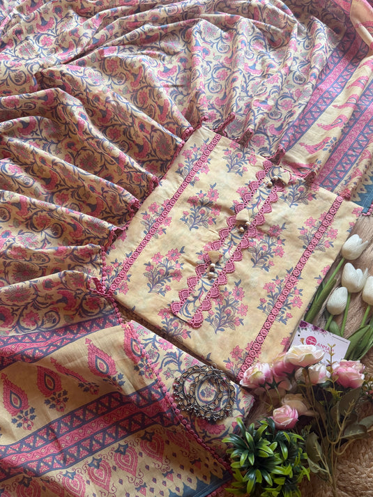 Cotton crochet Pakistani pastel pink combination suit set