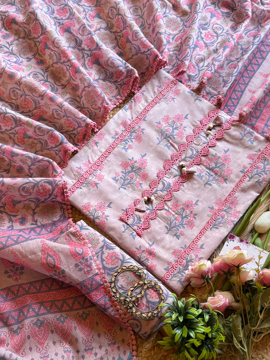 Cotton crochet Pakistani pastel pink combination suit set