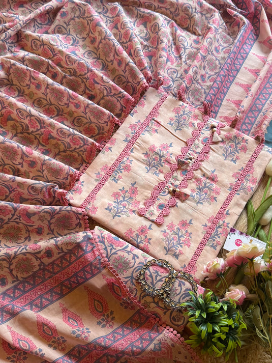 Cotton crochet Pakistani pastel pink combination suit set
