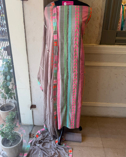 Neon coffee weave pure cotton suit set with chiffon dupatta