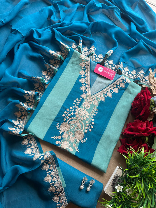 Stripes dori work aari work v neck with organza dupatta