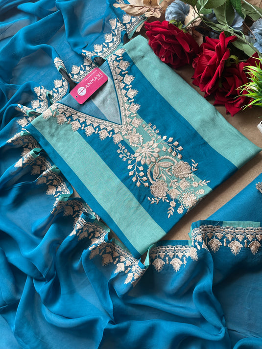 Stripes dori work aari work v neck with organza dupatta