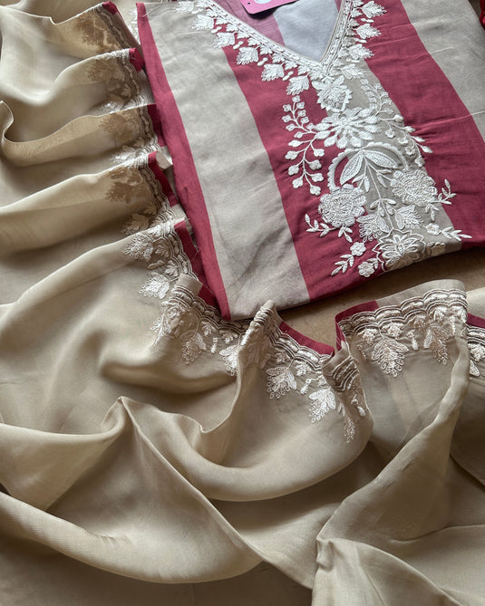 Stripes dori work aari work v neck with organza dupatta