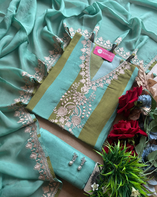 Stripes dori work aari work v neck with organza dupatta