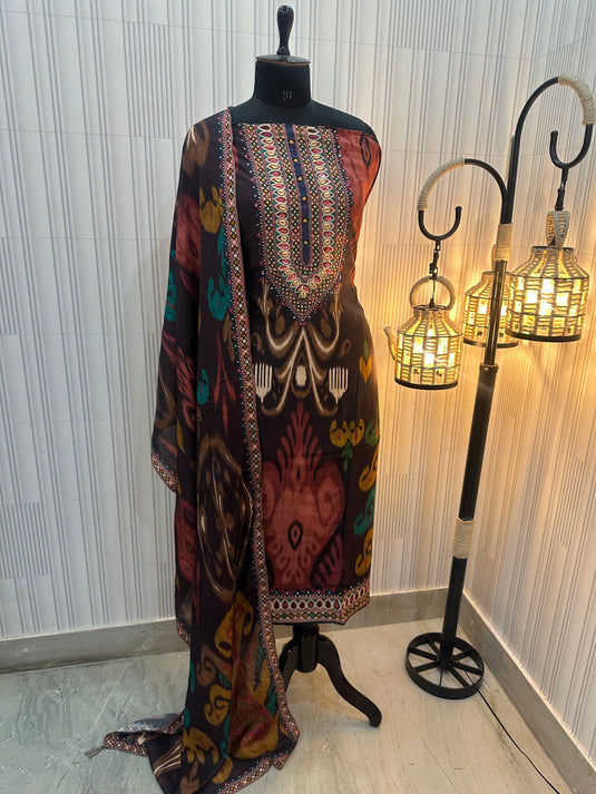 Ikkat print embroidered neck muslin cotton suit sets