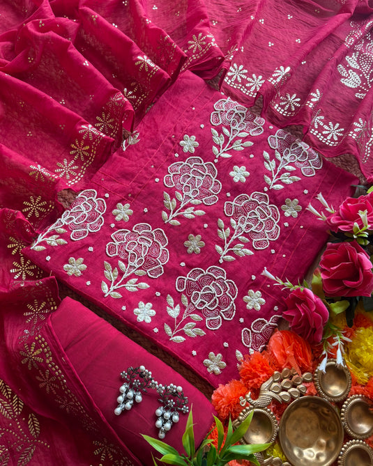 Pearl pita festive shade panel work mul chanderi suit set