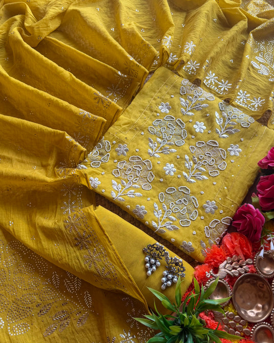 Pearl pita festive shade panel work mul chanderi suit set