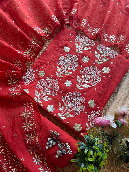 Pearl pita festive shade panel work mul chanderi suit set