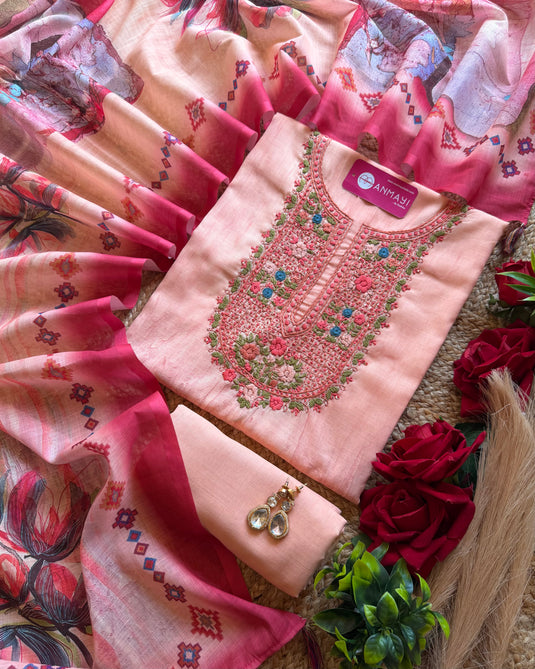 French knots work pure linen digital print suit set