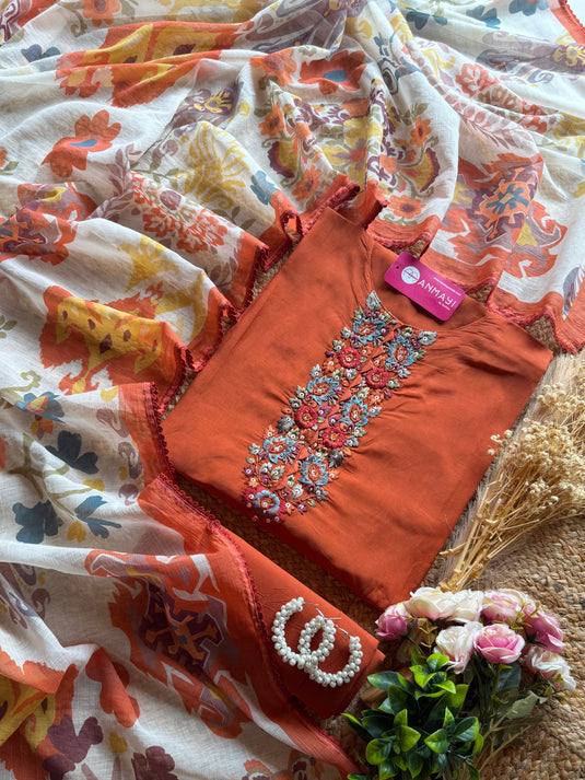 Hand Embroidered tie neck modal suit with Georgette print dupatta