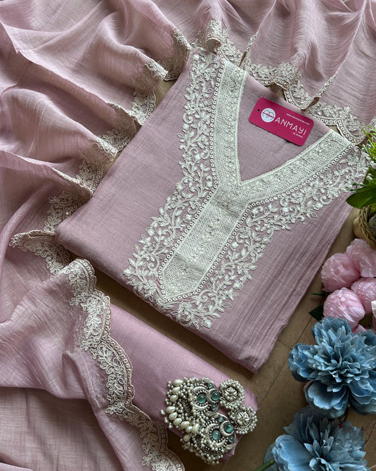 Pure Mul straw work neckline suit set