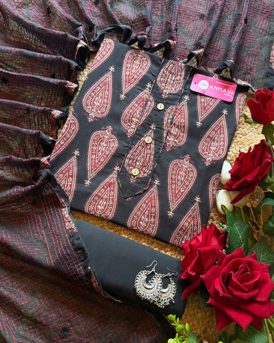 Leaf print Cambric cotton suit set with Kantha dupatta