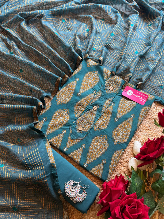 Leaf print Cambric cotton suit set with Kantha dupatta