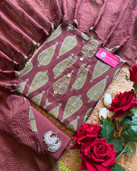 Leaf print Cambric cotton suit set with Kantha dupatta