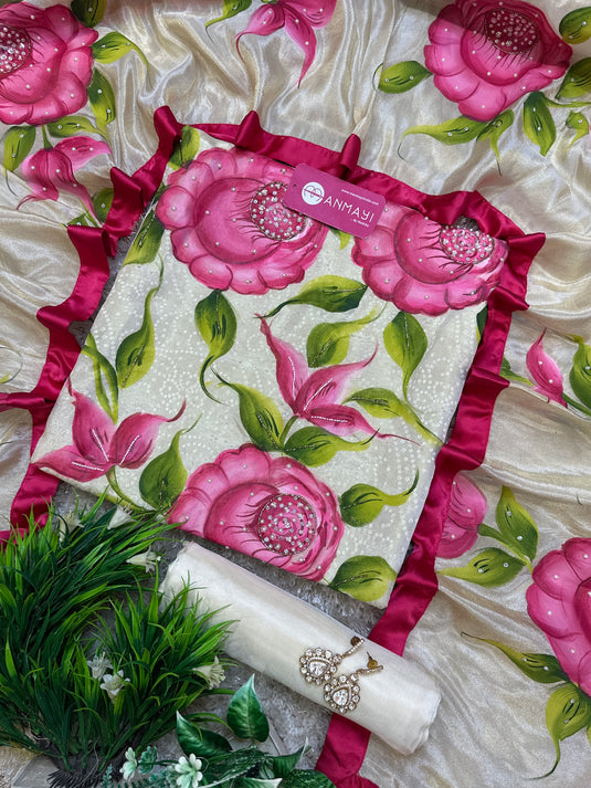 Handpainted and embroidered banarasi tissue suit set