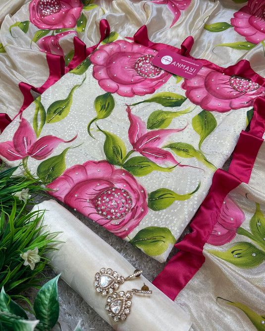 Handpainted and embroidered banarasi tissue suit set