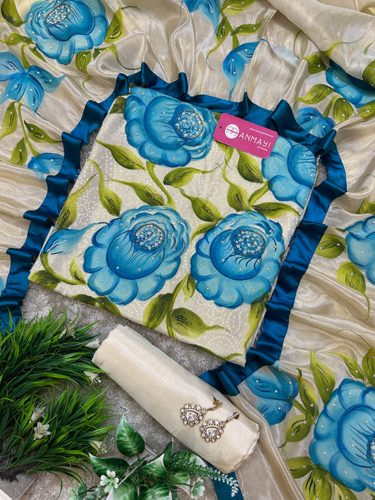 Handpainted and embroidered banarasi tissue suit set