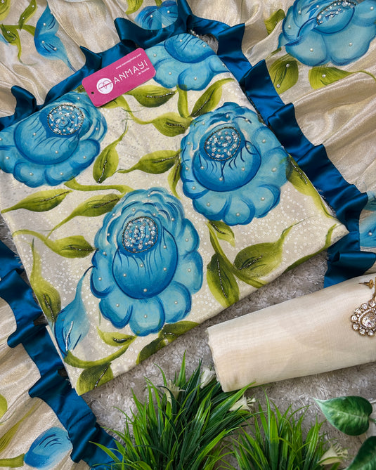 Handpainted and embroidered banarasi tissue suit set