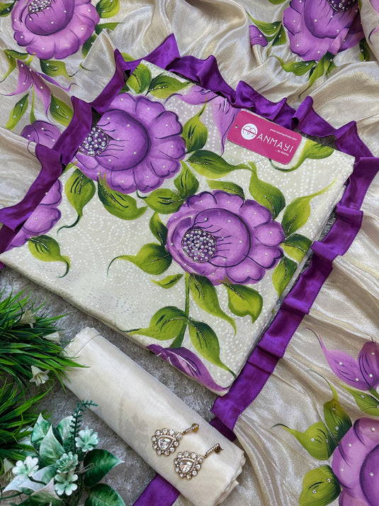 Handpainted and embroidered banarasi tissue suit set