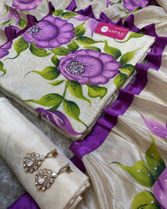 Handpainted and embroidered banarasi tissue suit set