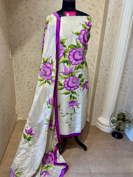 Handpainted and embroidered banarasi tissue suit set