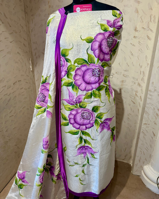 Handpainted and embroidered banarasi tissue suit set