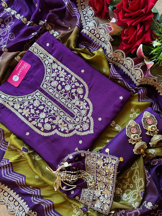 Dori work Russian silk suit set with Bandhani print dupatta and potli