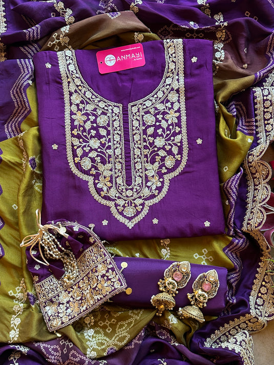 Dori work Russian silk suit set with Bandhani print dupatta and potli